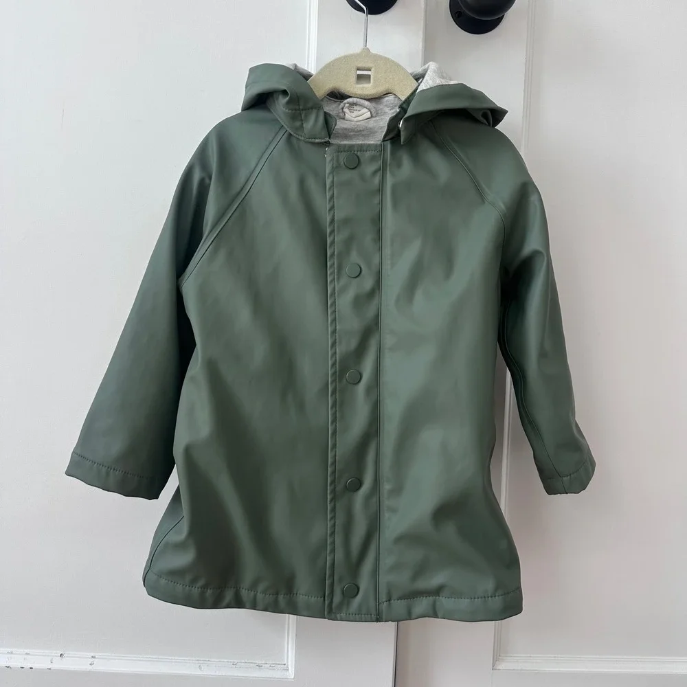 HM Kids Olive Green Hooded Rain Jacket Size 1.5-2Y Fall Sage Coat